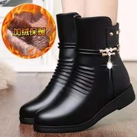 leather women 2021 autumn winter thick wool lined genuine snow martin short boots soft bottom flat shoes comfortable large size