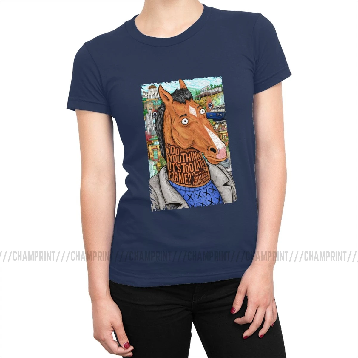 Женская футболка Bojack Horseman с забавным рисунком, эстетическая футболка с круглым вырезом, хлопковая уличная одежда размера плюс, женская одежда - Цвет: Тёмно-синий