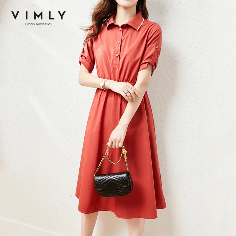 

VIMLY Spring Women Dresses Fashion Button up Shirt Dress High Waist Elastic Solid Short Sleeve Dress Female Vestidos F6799