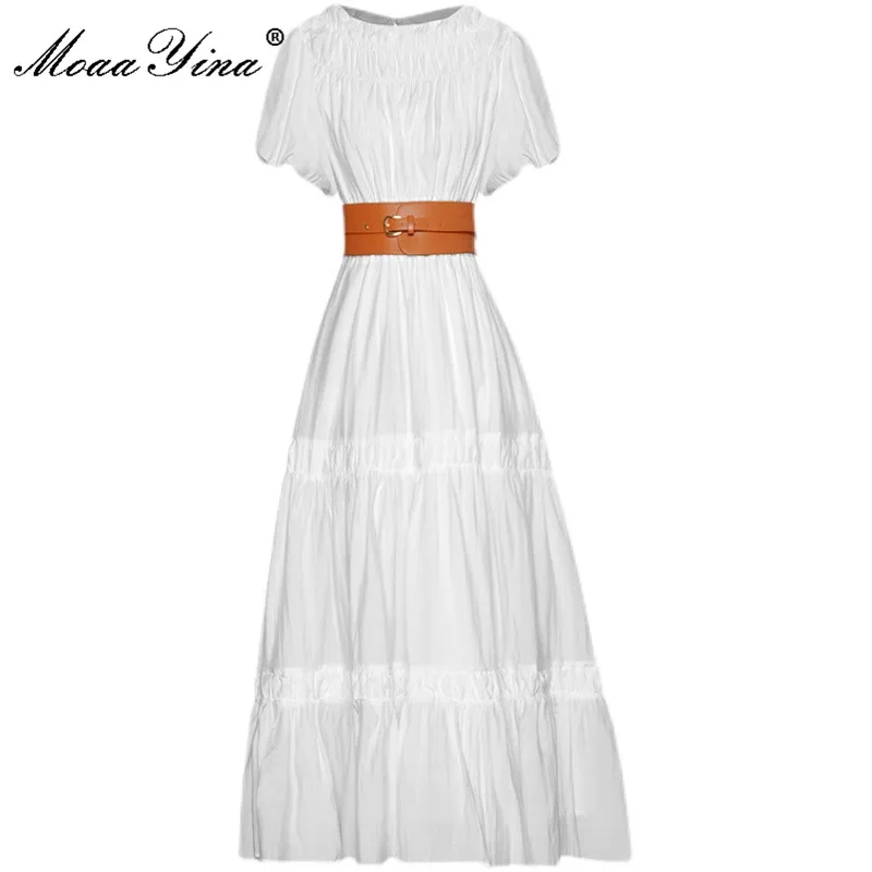 

MoaaYina Fashion Runway Summer Long White Dress Women's Puff sleeve Sashes High waist Elegant Holiday Party Dress