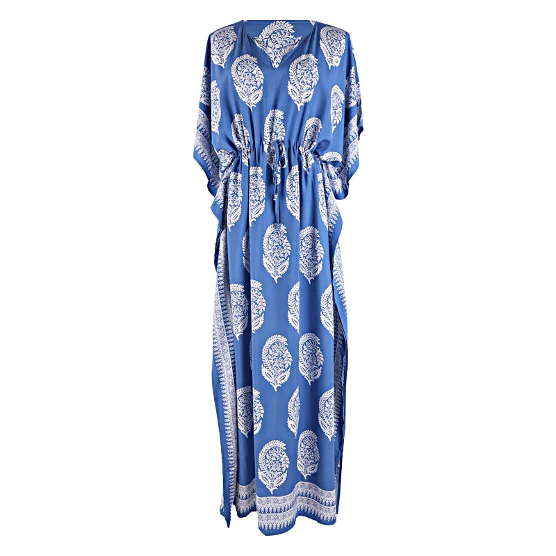 

Blue Cotton Printed Beach Long Dress Loose Casual Robe Waist Drawstring Holiday Dress Bikini Swimsuit Cover Up Women