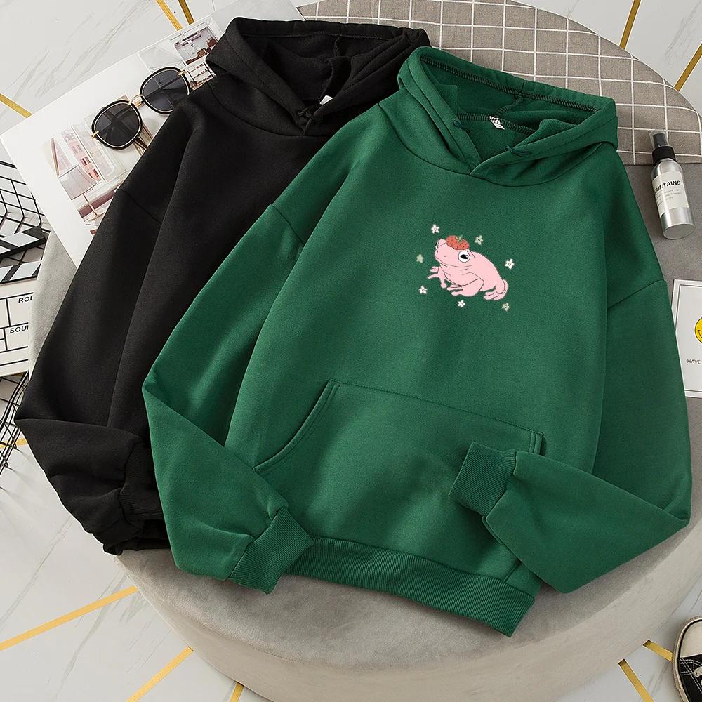 

Strawberry Frog Print Sweatshirt Women Hoodie Cute Hip Hop Kawaii Harajuku Oversized Kawaii Womens Warm Hoodies Tops Clothes