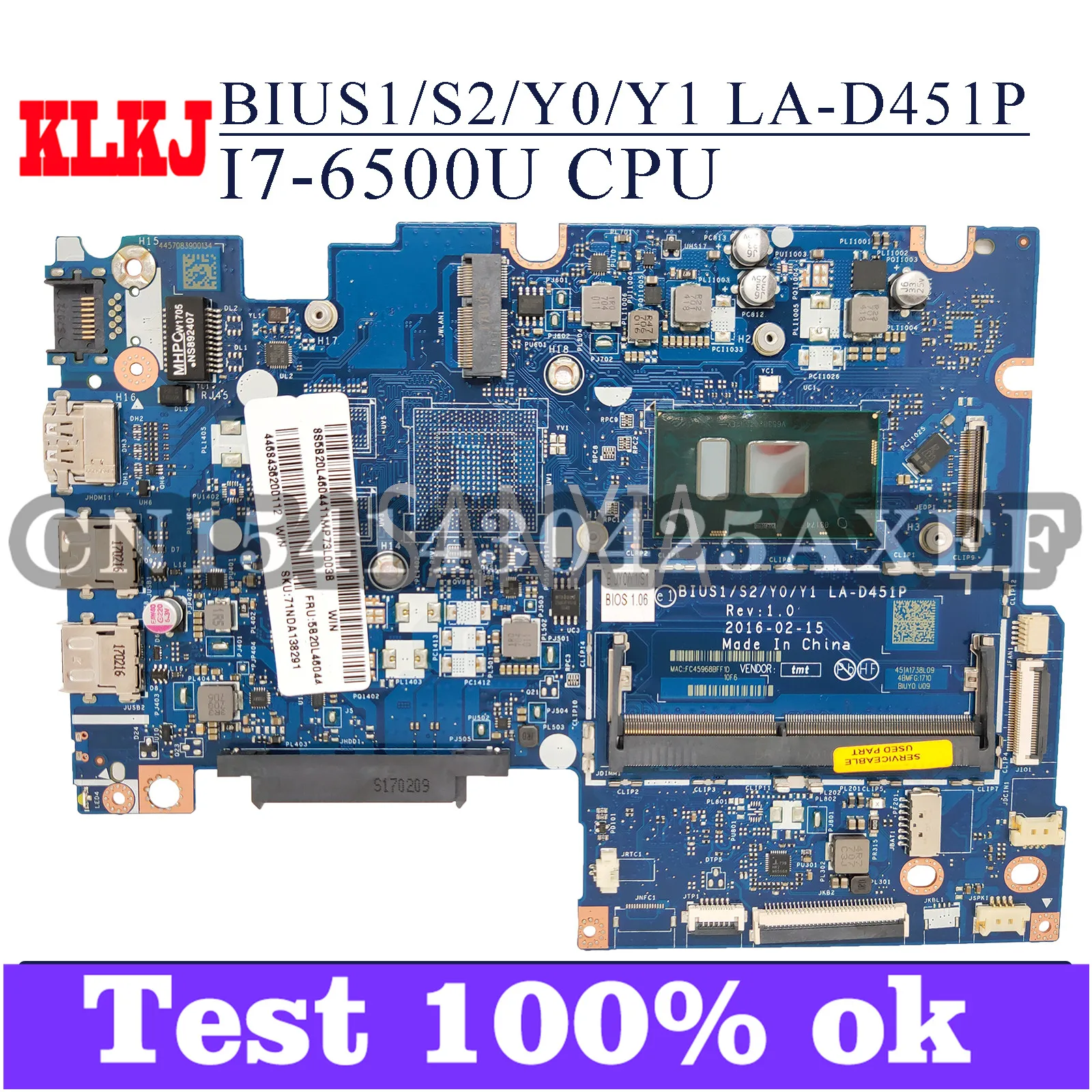 KLKJ LA-D451P материнская плата для ноутбука Lenovo YOGA 510-14ISK Flex4-1470 оригинальная материнская плата I7-6500U