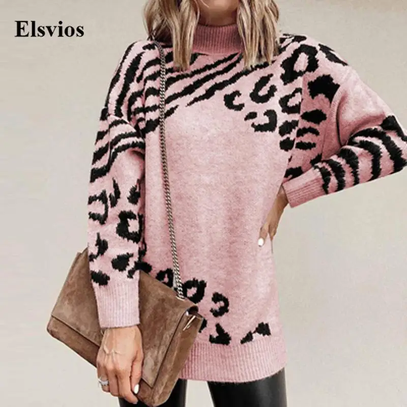 

Женский трикотажный свитер-водолазка, повседневный теплый джемпер с длинным рукавом и леопардовым принтом, одежда для улицы, Осень-зима 2021