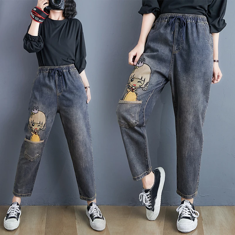 Женские винтажные джинсы Длинные ковбойские брюки с принтом Свободные