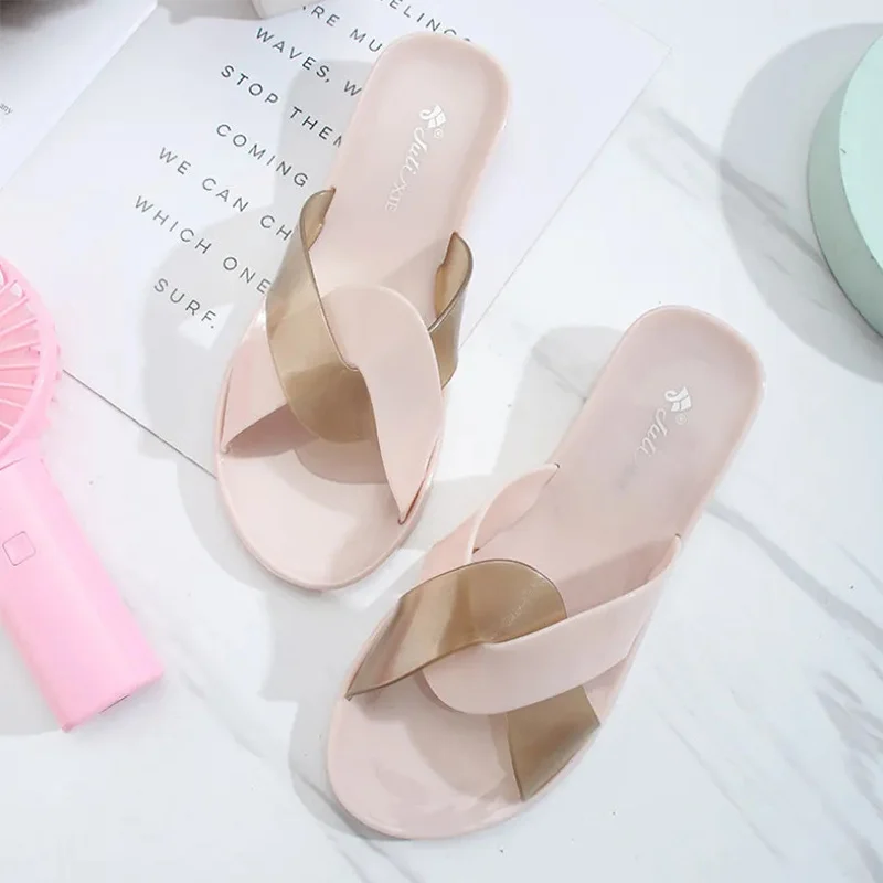 

Fashion Candy Color Jelly Slippers Womens Pink Cross Slides Mules Woman PVC Smooth Flat Slipper Lady Non-slip Indoor Home Shoes