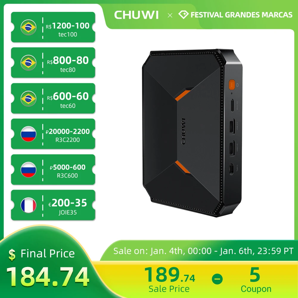 Настольный мини-компьютер CHUWI HeroBox Pro, Intel Jasper Lake N4500, до 2,8 ГГц, 8 ГБ ОЗУ, 256 Гб SSD, 4 порта USB, HD 2,0 - изображение