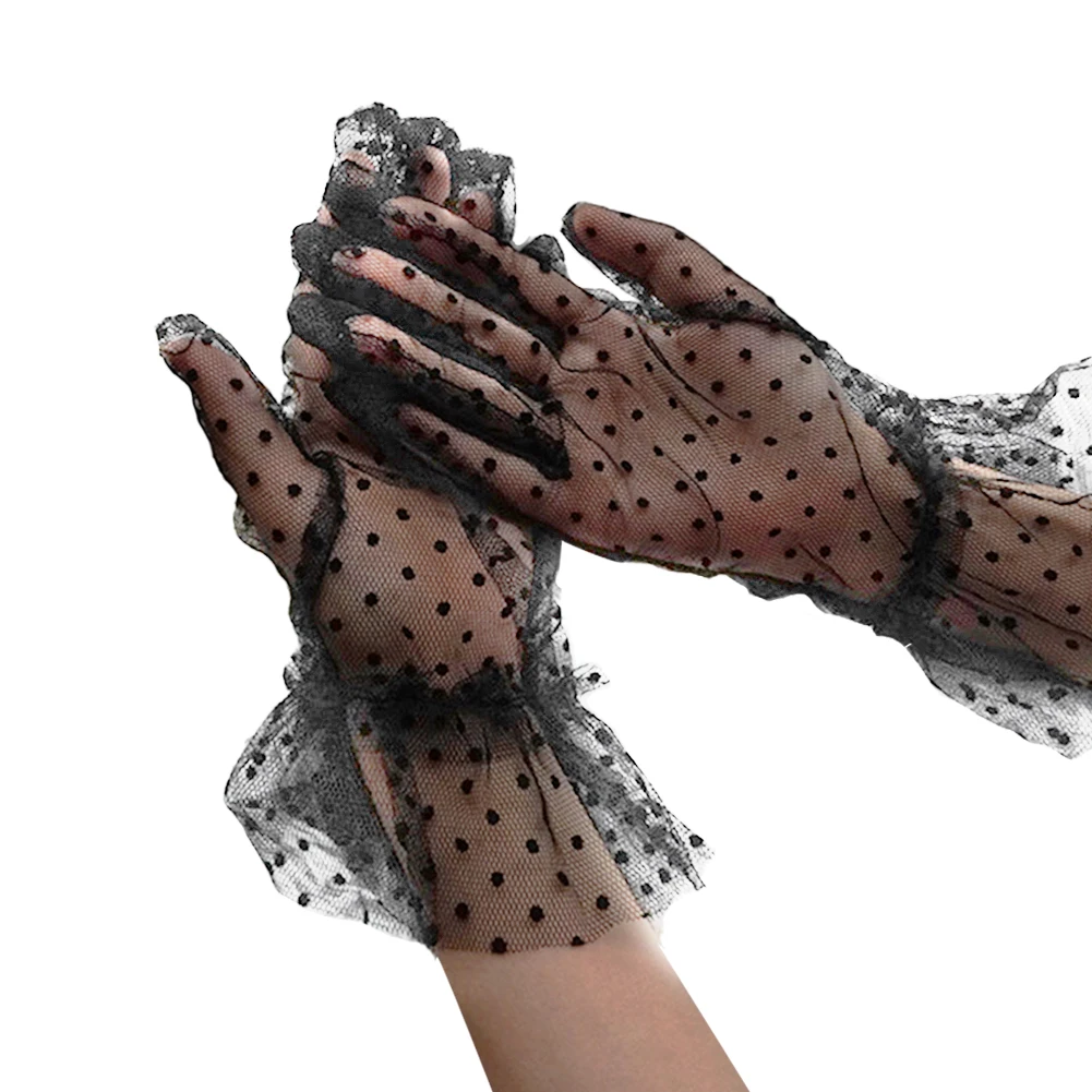 

1pair Prom Full Finger Accessories Dinner Elegant Lace Tulle Wedding Gloves Short Gift Polka Dot Thin Retro For Bride Party