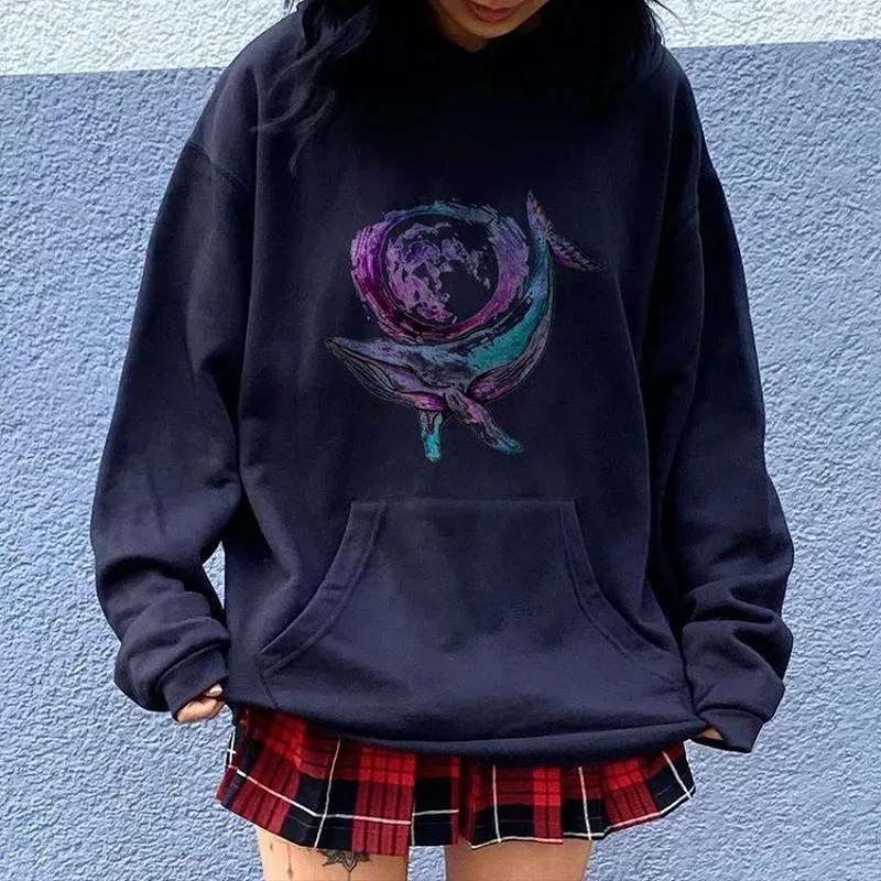 

Navy Blue Animal Print Pocket Drawstring Oversized Hoodies Women New American England Fashion Long Sleeve Plus Size Winter Basis