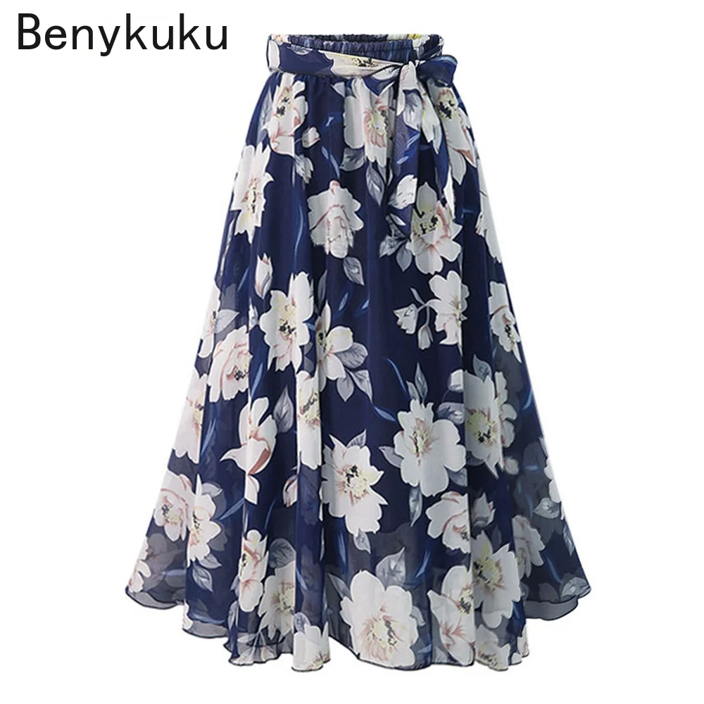 

2021 Summer Sweet Floral Printed Boho Maxi Long Chiffon Skirts Womens High Waist A-line Casual Holiday Beach Midi Skirt Faldas