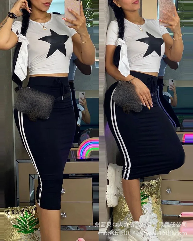 

Women's Pants Set Fashion Star Print Short Sleeve T-Shirt Top stripe high waist tights two-piece summer leisure sports set