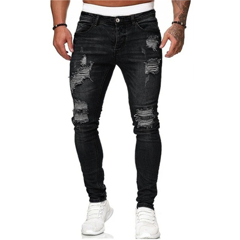 

Autumn Biker Men's Jeans Skinny Ripped Slim Fit Pencil Pants Streetwear Hole Denim Trousers Men Sweatpants Outwears Pants Black