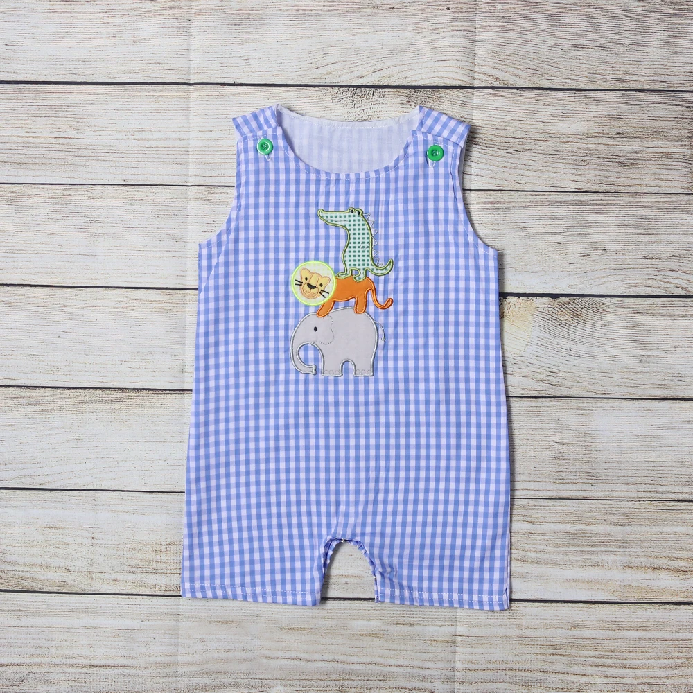

Summer Clothes Boy Blue Plaid Sleeveless Elephant Lion And Crocodile Embroidery Pattern Toddler Romper
