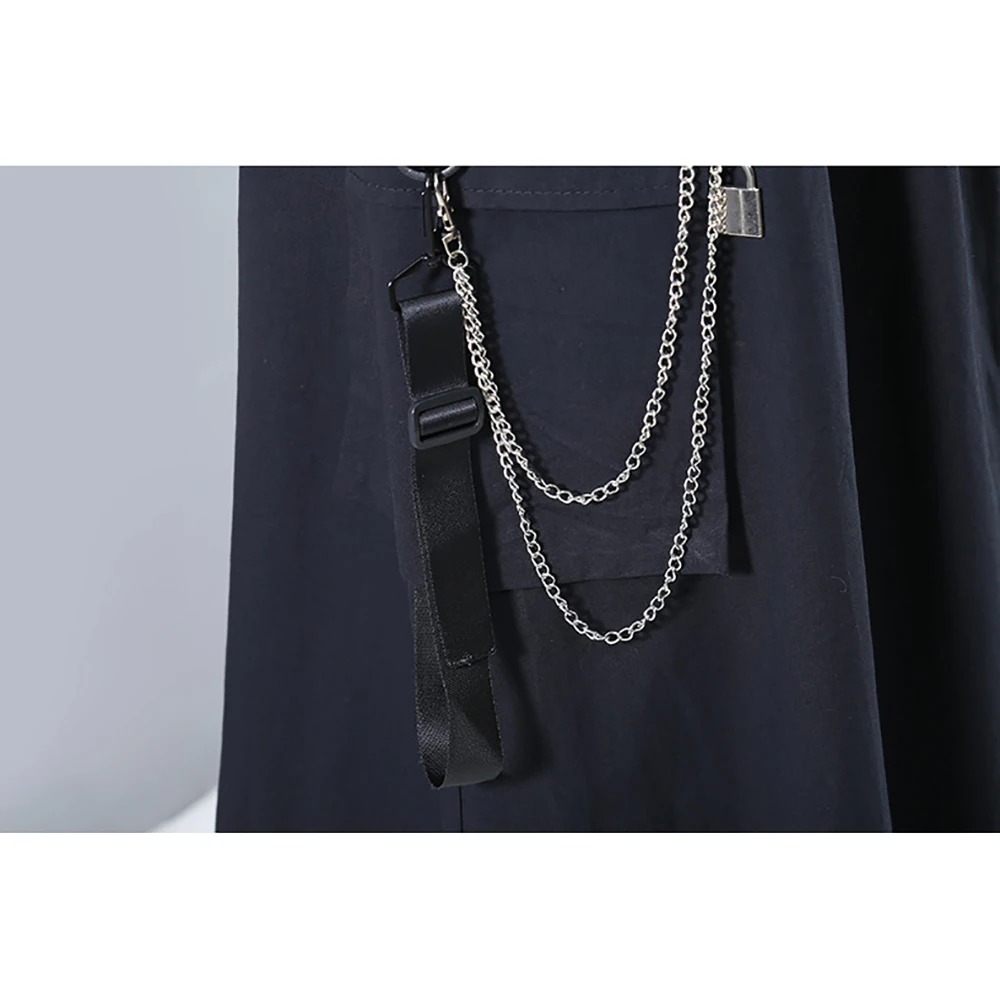 

YUANYUANJYCO Summer Women Midi Casual Cotton Skirts Fashion Elastic High Waist Iron Chain Big Pockets Knee Length Black Clothes