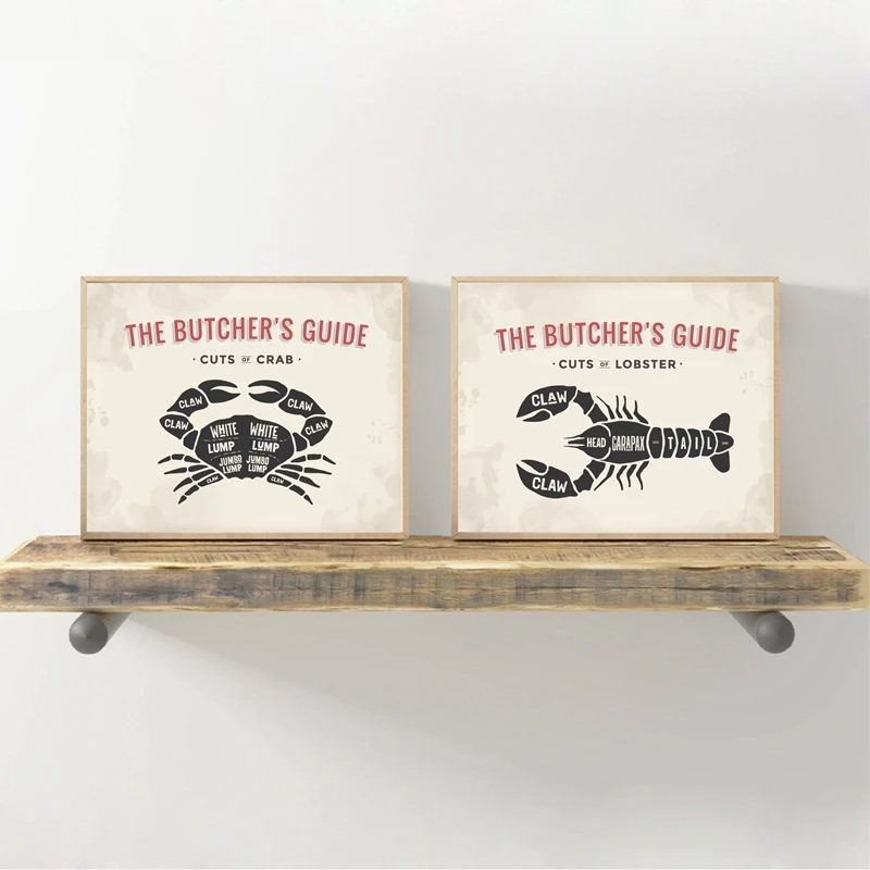 The Butcher's Guide Posters and Prints Crab Lobster Butcher Diagram Kitchen Wall Art Canvas Painting Restaurant Decor | Дом и сад