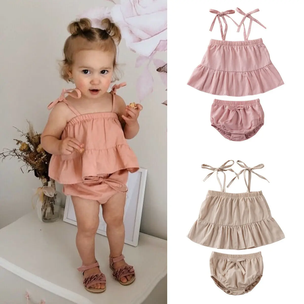 

2Pcs Summer Baby Girl Clothes Solid Newborn Kid Ruffle Sling Tops Shorts Pants Outfit Clothes Set