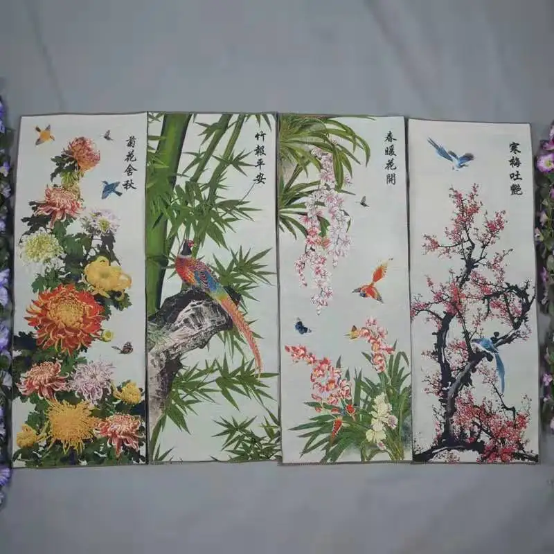 

Thangka, four screen decorative painting, plum orchid bamboo chrysanthemum, flower and bird painting