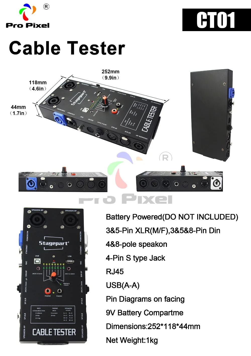Кабельный тестер для 3pin 5pin XLR, 4& 8-pole speakon, RJ45, USB