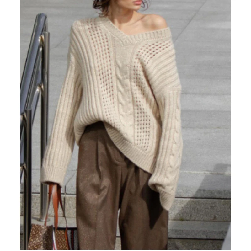 

Распродажа! Хит продаж 10,29, шерстяной мягкий удобный вязаный пуловер в рубчик с вырезами, свитер, Женская Повседневная Свободная вязаная одежда с переплетением