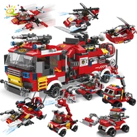 huiqibao 806pcs fire fighting 8in1 trucks car helicopter boat building blocks city firefighter figures man bricks children toys