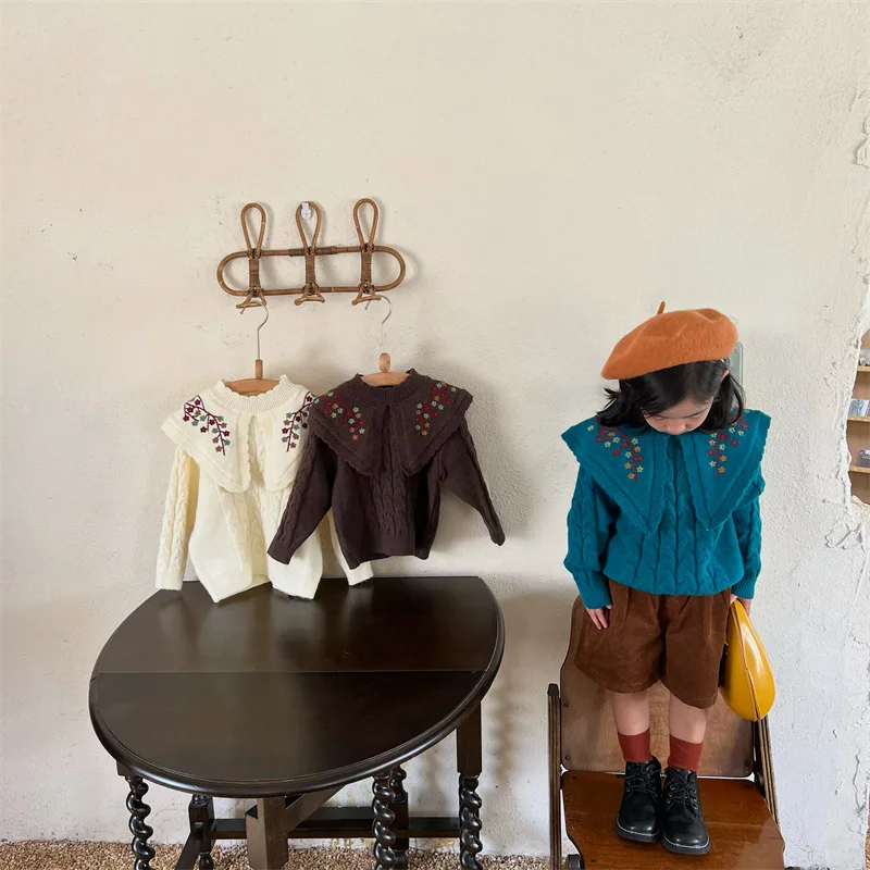 

Детские свитера 2021, свитера с вышивкой на воротнике для девочек, детский вязаный пуловер в Корейском стиле