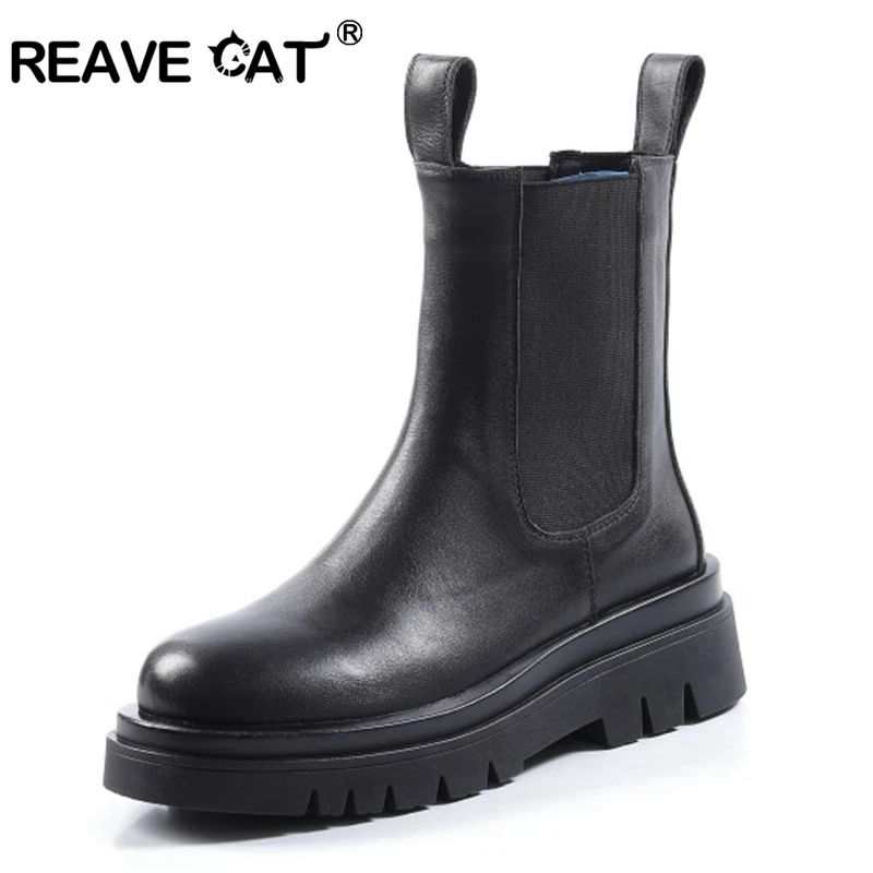 

REAVE CAT Size 33-43 Fashion Genuine Leather Boots Women Thick Sole Chelsea British Style Winter Platform Ankle Knee High Bootie