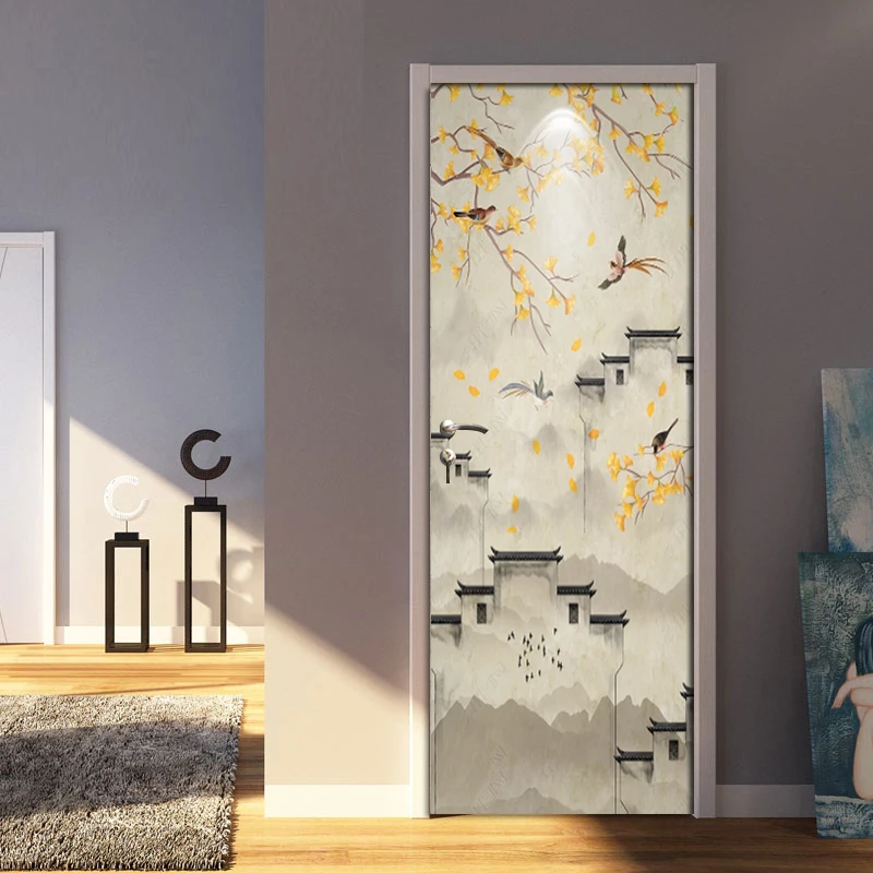 Наклейка на дверь расписанные вручную цветы птицы обои ПВХ водостойкие