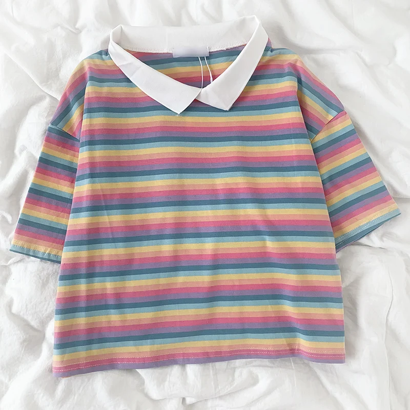 Летняя свободная короткая футболка радужного розового цвета с отложным