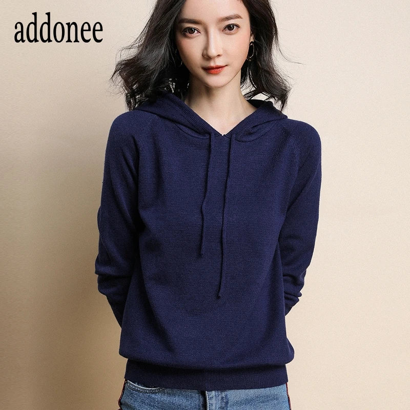 High Quality New Spring Autumn Winter Women Cashmere Knit Sweater Hooded Collar Pullovers Solid Color Sport Soft Casual Loose | Женская