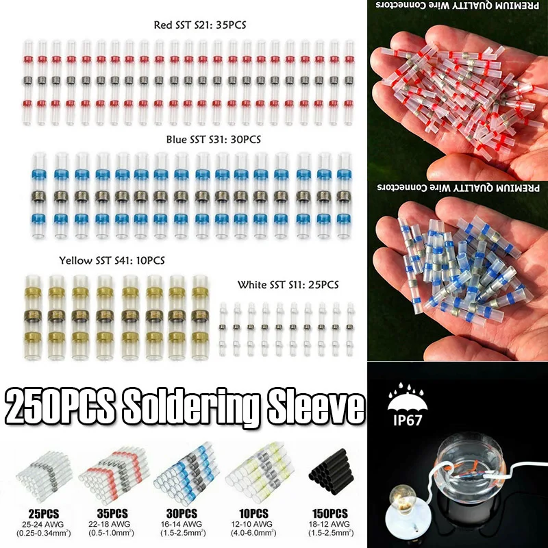

250PCS Waterproof Solder Seal Heat Shrink Sleeve Wire Butt Terminals Connectors conectores de acero inoxidable