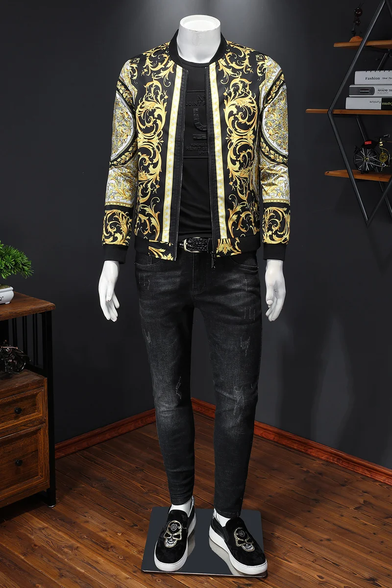 

Luxury Gold Print Bomber Jacket Men 2020 Royal Men Casual Coats Windbreaker Clothes Streetwear Social Men's High Quality Jacket