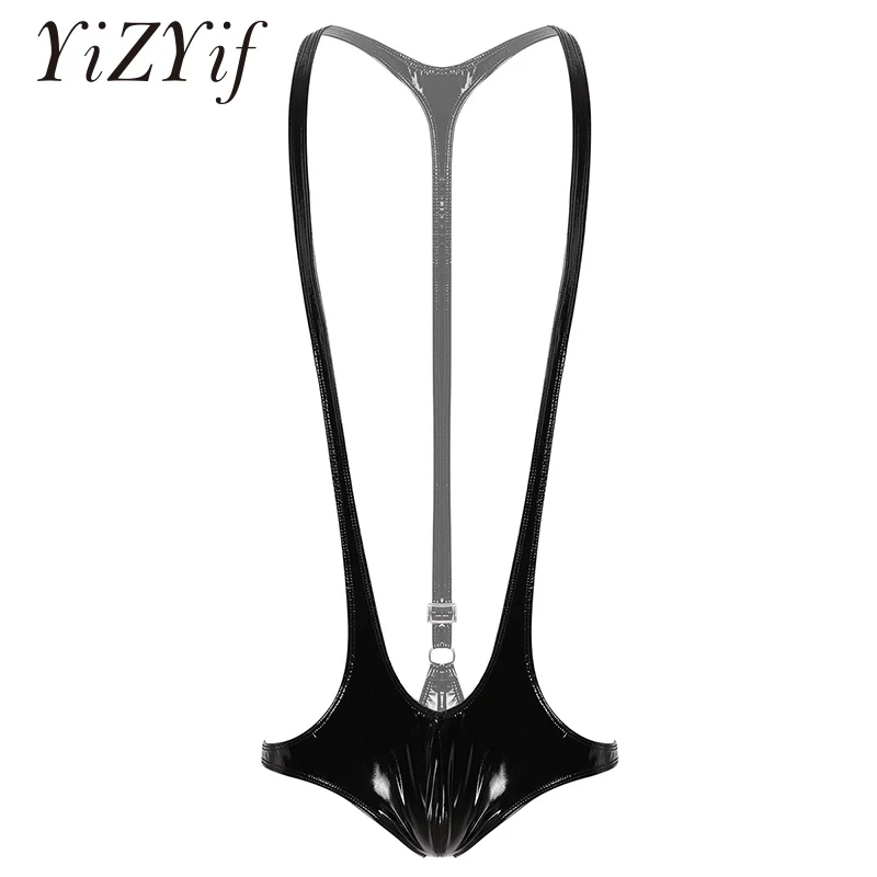 

Мужской комбинезон для борьбы, слитный боди из лакированной кожи, с открытой грудью, с бандажом на спине, трико, нижнее белье, Комбинезоны