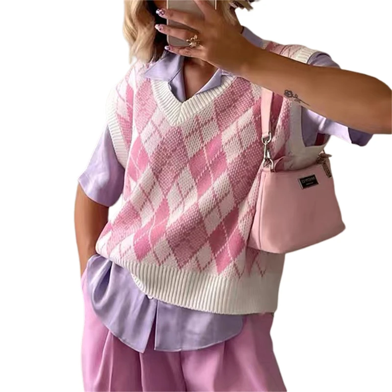 

Hirigin 2021 Women\u2019s Autumn Casual V-neck Knitted Vest Fashion Contrast Color Diamond Slim Fit Sleeveless Tops Streetwear