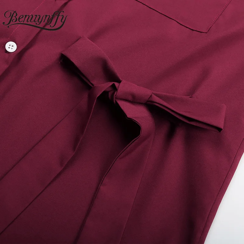 

Benuynffy Turn-down Collar Button Up Knot Front Shirt Women Spring Pocket Long Sleeve Female Casual Office Solid Blouse Shirts