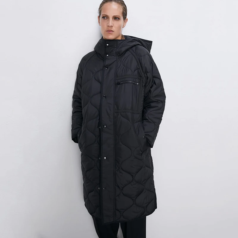 Женское длинное пальто ZA черное хлопковое с воротником стойкой на молнии