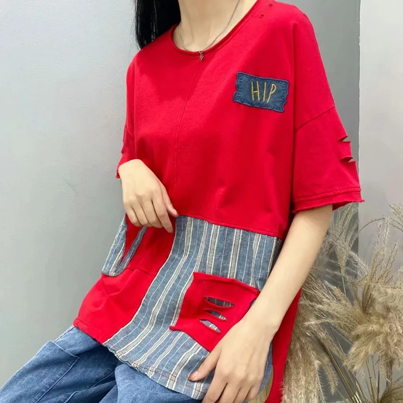 

Max LuLu 2021 Summer New Fashion Ladies Patchwork Embroidery T-shirts Women Holes Casual Striped Tee Female White Tops Plus Size