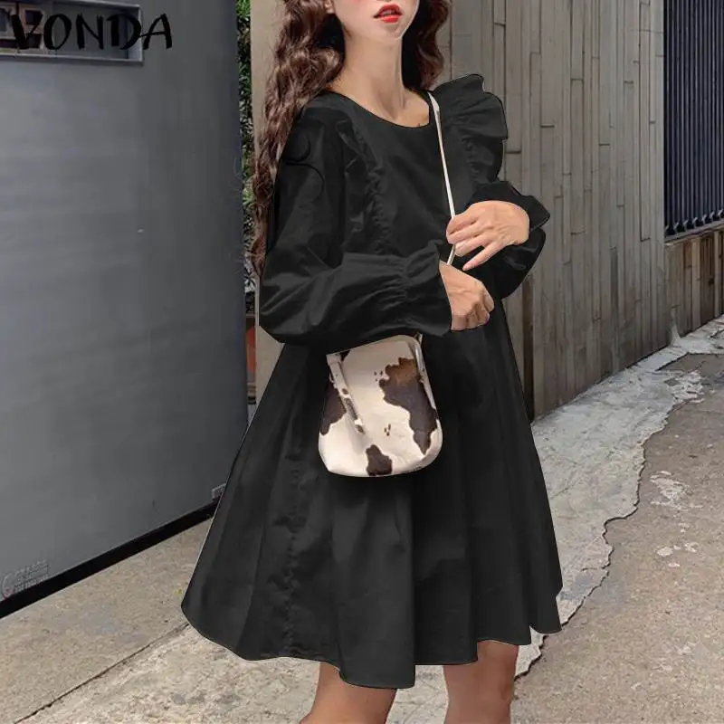 

VONDA Women Pleated Dress Casual Long Sleeve Party Ruffled Mini Dresses Bohemian Party Vestidos Plus Size Beach Sundress S-5XL