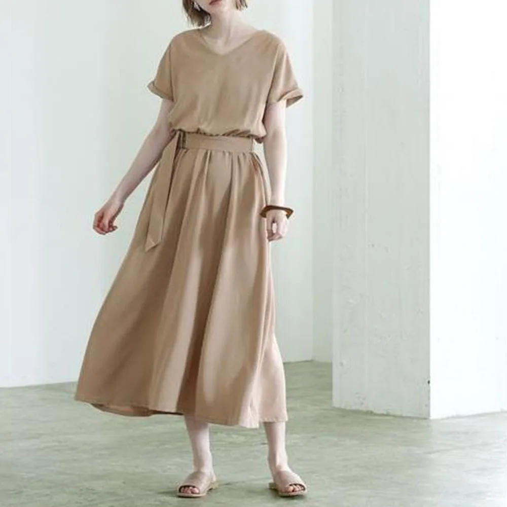 

2021 Summer Korean Fashion All-match Waist Waist Solid Color V-neck Summer Women's Dress Temperament Casual Hot Sale