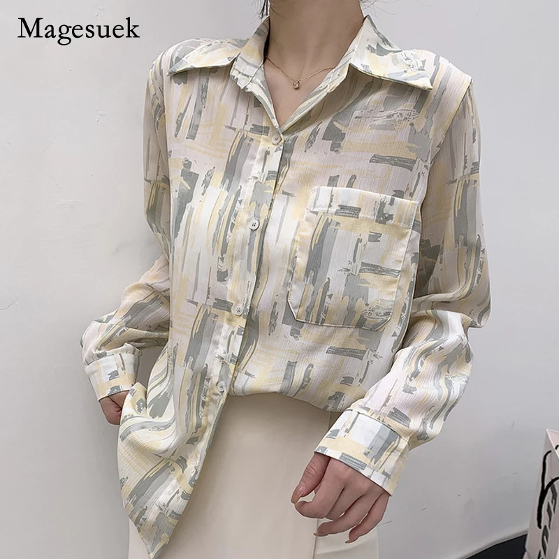 

Новые рубашки с отложным воротником, осенние Рубашки с длинным рукавом, женские топы, модная рубашка с принтом, свободная одежда женская блу...