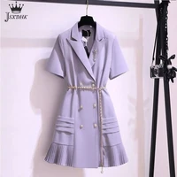 2021 summer korean fashion women blazers mini dress elegant notched collar short sleeve slim office ladies suit dress vestidos