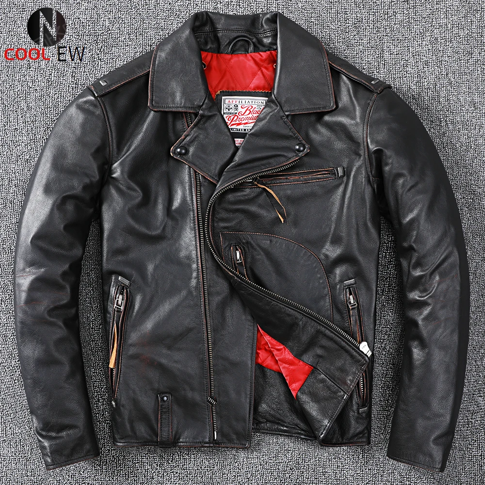 

2021 Vintage Black Biker Style Genuine Leather Jacket Men Plus Size 6XL Real Thick Cowhide Winter Warm Slim Fit Motorcycle Coat