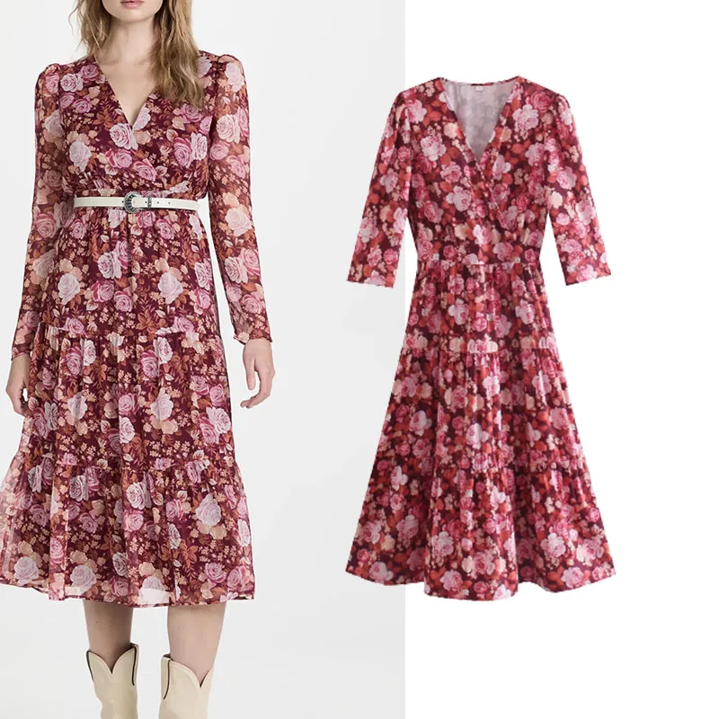 

Party Dress Women Fashion Floral Print Shirred V-neck Seven points sleeve Elastic waist Elegant Female Dresses Vestidos Mujer