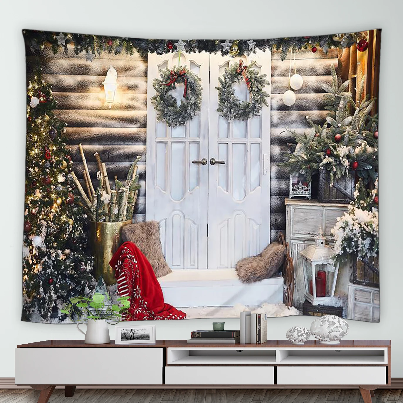 

Vintage White Wooden Door Christmas Tapestry Farm Xmas Tree Garland Garden Landscape Wall Hanging New Year Home Room Tapestries