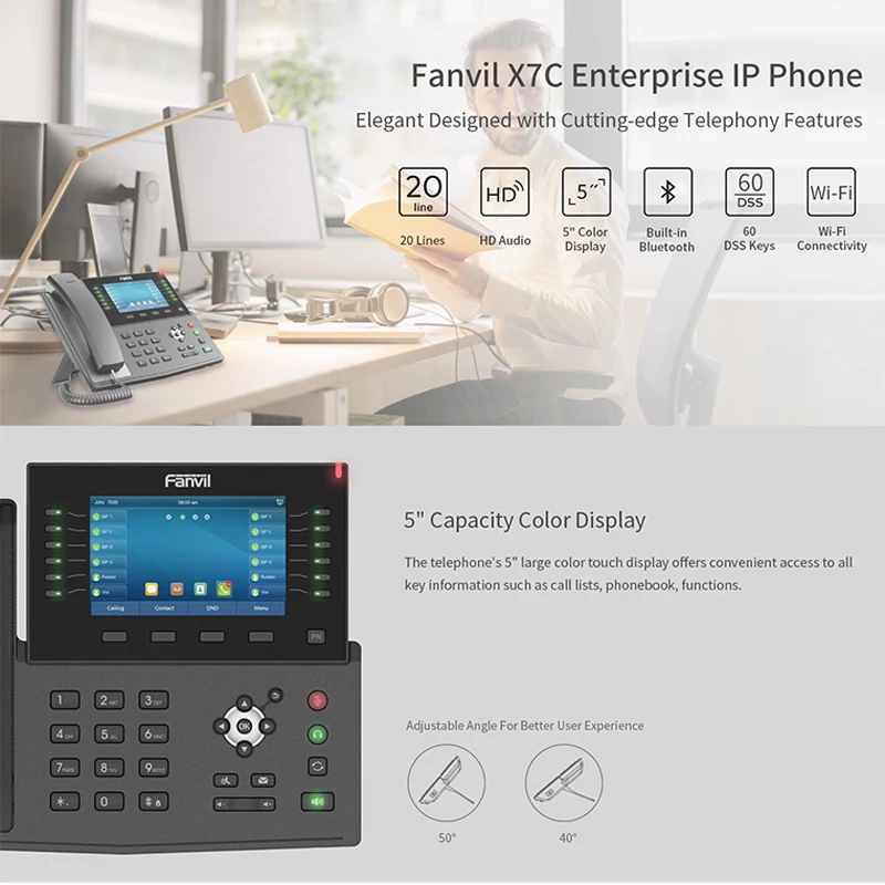 Ip телефон Fanvil X7C HD видео VoIP с 5 дюймовым экраном Bluetooth Wi Fi SIP поддержка EHS гарнитура