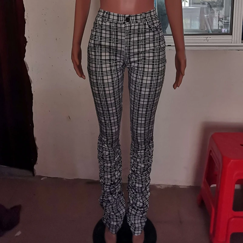 

Women Plaid Stacked Sweatpants Autumn Fashion Sexy High Waist Ruched Flare Pants Female Elastic Skinny Bottom Trousers Leggings