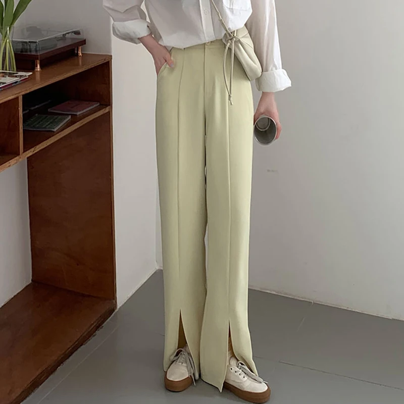

Sister Fara New Spring Casual Split Wide Leg Pants Women High Waist Buttons Solid Pants Autumn Office Lady Full Length Trousers