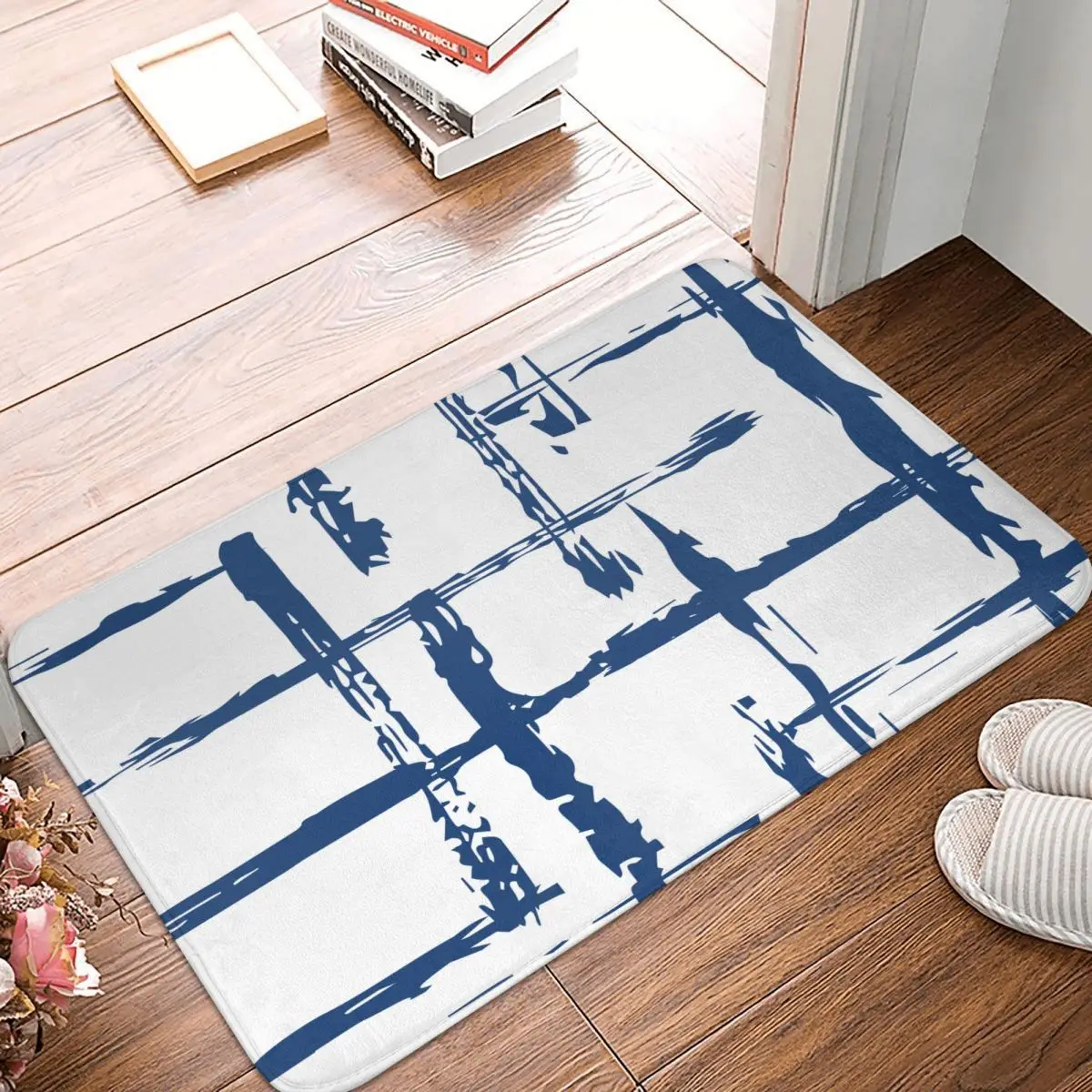 

Полосатый клетчатый Придверный коврик, прямоугольный полиэстеровый коврик для ванной, кухни, дома, гостиной, простой синий Декоративный На...