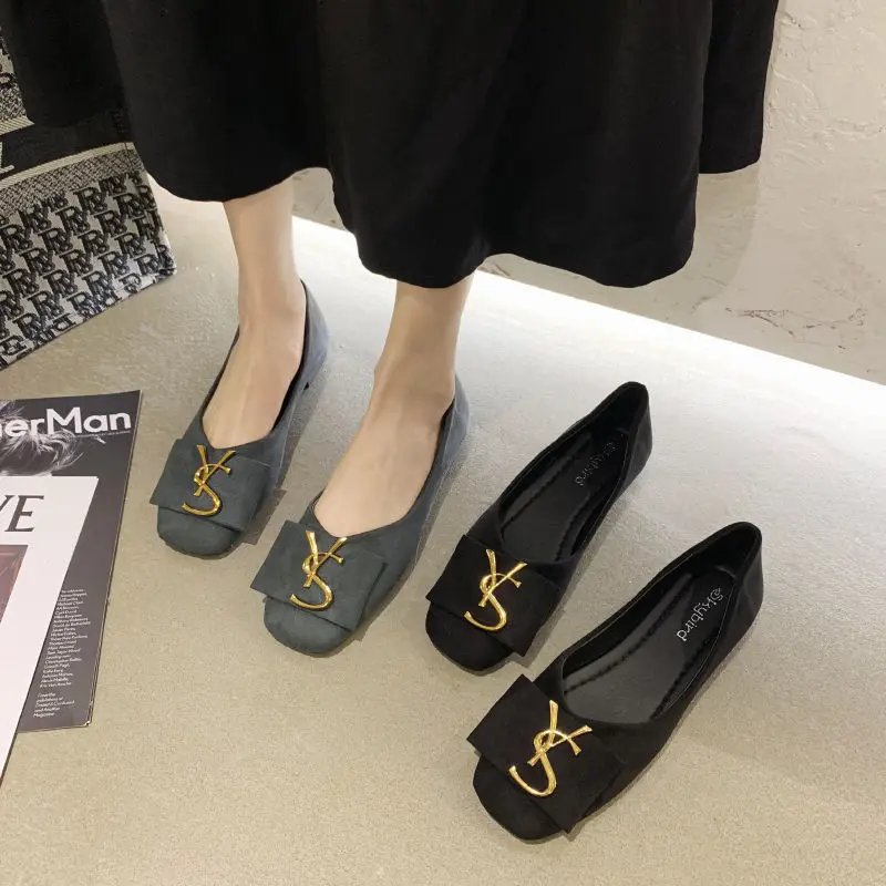

Women's Suede Single Shoelace Metal Buckle Square Toe Shoes Soft Sole Comfortable Wear-resistant Fashion Styles Black and Blue