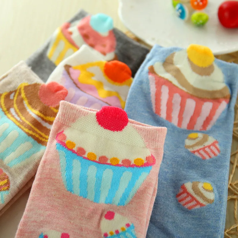 5 Pairs Women Cotton Sock Cupcake Comfortable Short Funny Socks Cute Kawaii Cream Fairy Patty Cake Sugar Milk Lovely Ankle Socks