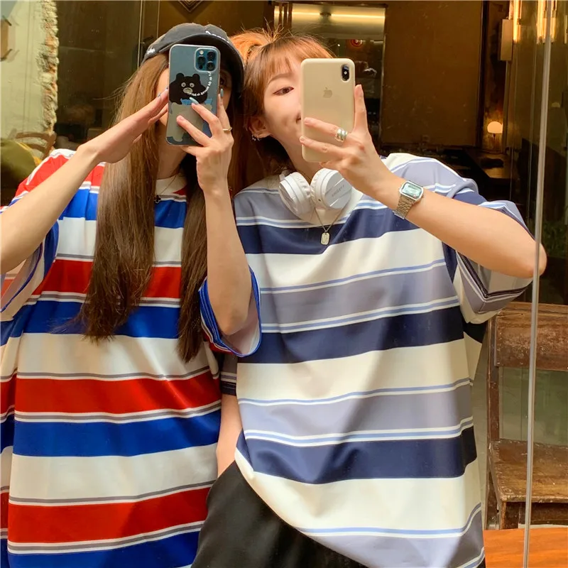 

Euro Size Oversized Red Blue Gray White Striped Men Tshirt Summer Harajuku Short Sleeve Top Women 2022 Fashion Korean Streetwear